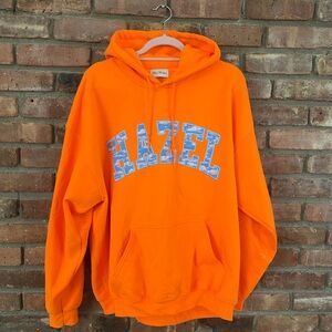 Orange Hoodie with Blue 'HAZEL' Print
